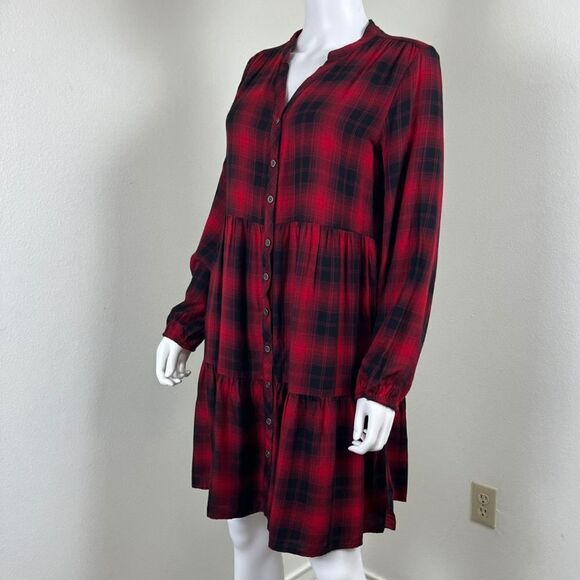 Knox Rose Womens Size M Red Plaid Long Sleeve Tiered Button Down Mini Dress - Picture 11 of 13